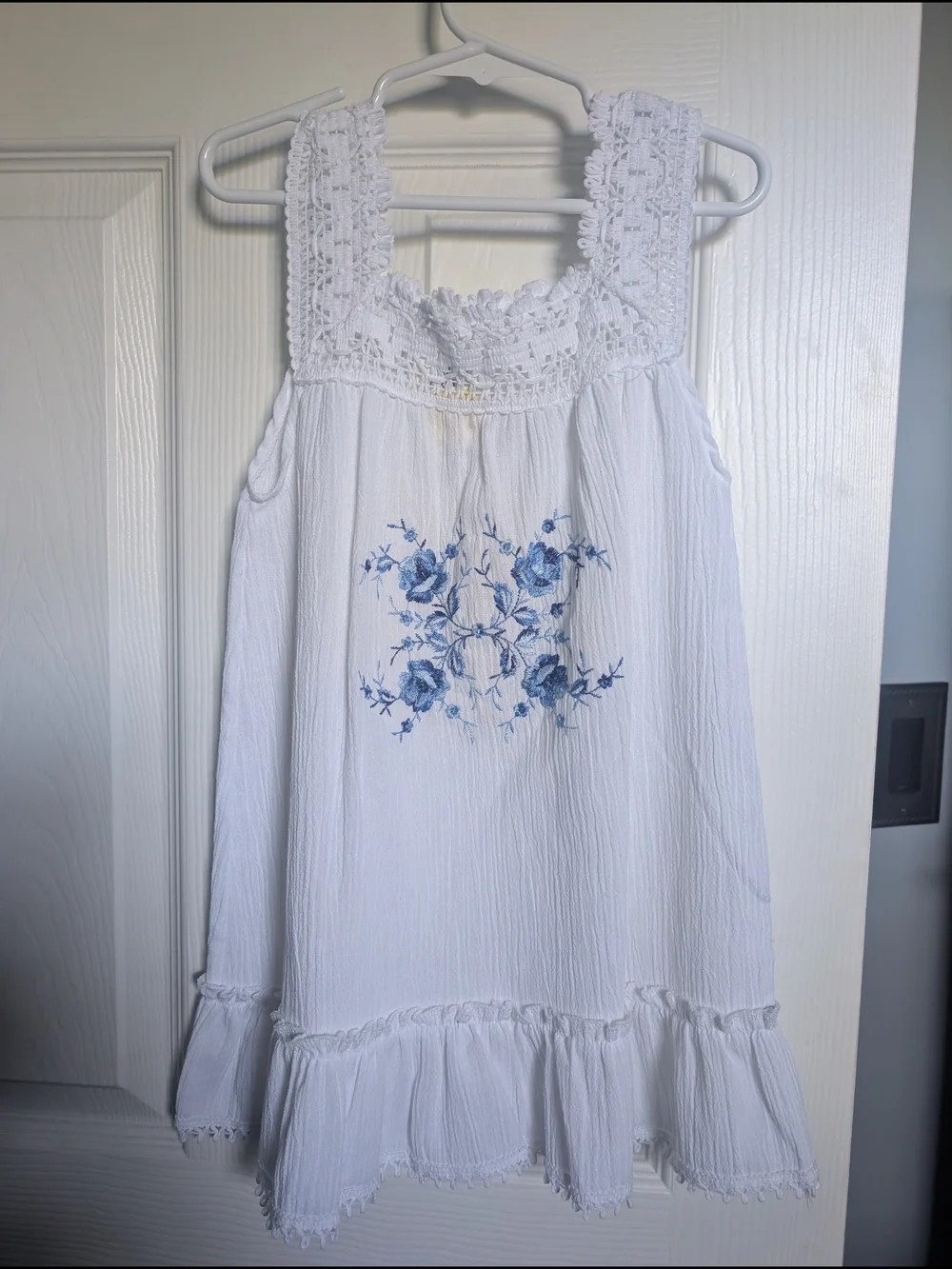 White Cotton Tank Dress with Blue Floral Embroidery